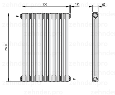 Схема (чертеж) Радиатор Zehnder Charleston 2280/11 №1670 Белый глянцевый RAL 9016